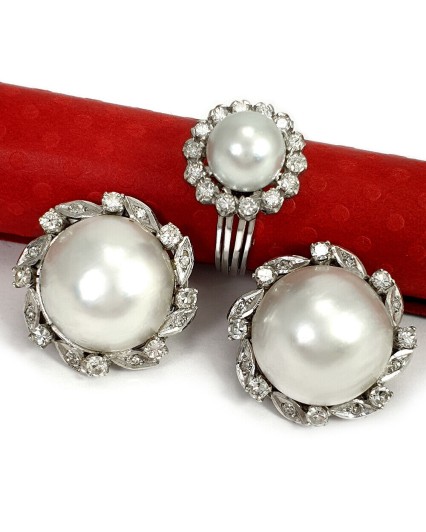 MABE PEARLS SET PLATINUM DIAMONDS RING EARRING OMEGA CLIP SOUTH SEA CULTURED