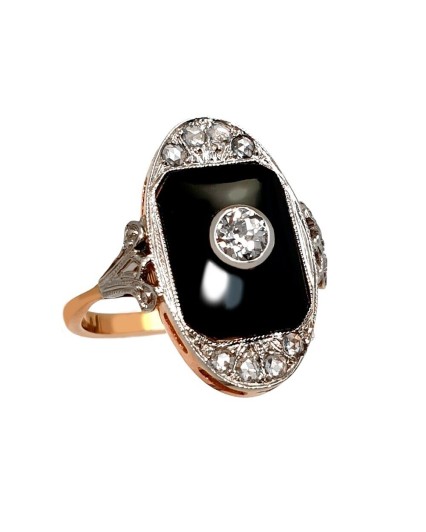 VINTAGE HANDMADE ART DECO OVAL RING WITH OLD CUT DIAMOND ONYX GOLD 18K