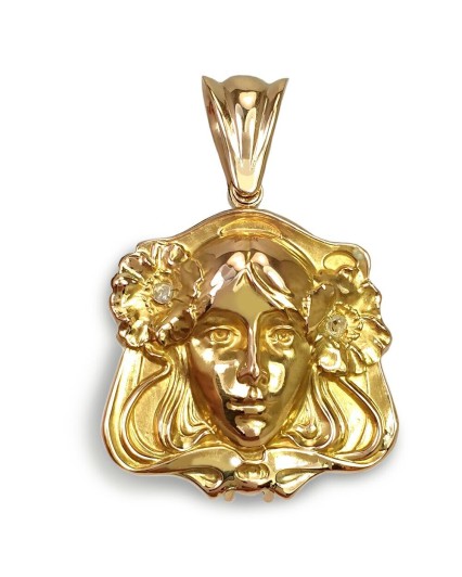 IMPORTANT ART NOUVEAU WOMEN FACE PENDANT LOCKET 18K YELLOW GOLD DIAMOND