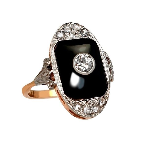 VINTAGE HANDMADE ART DECO OVAL RING WITH OLD CUT DIAMOND ONYX GOLD 18K