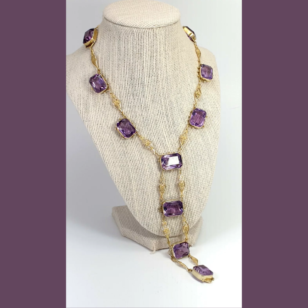 ANTIQUE VICTORIAN NECKLACE CHAIN LARIAT NATURAL AMETHYST YELLOW 18K GOLD 168CT