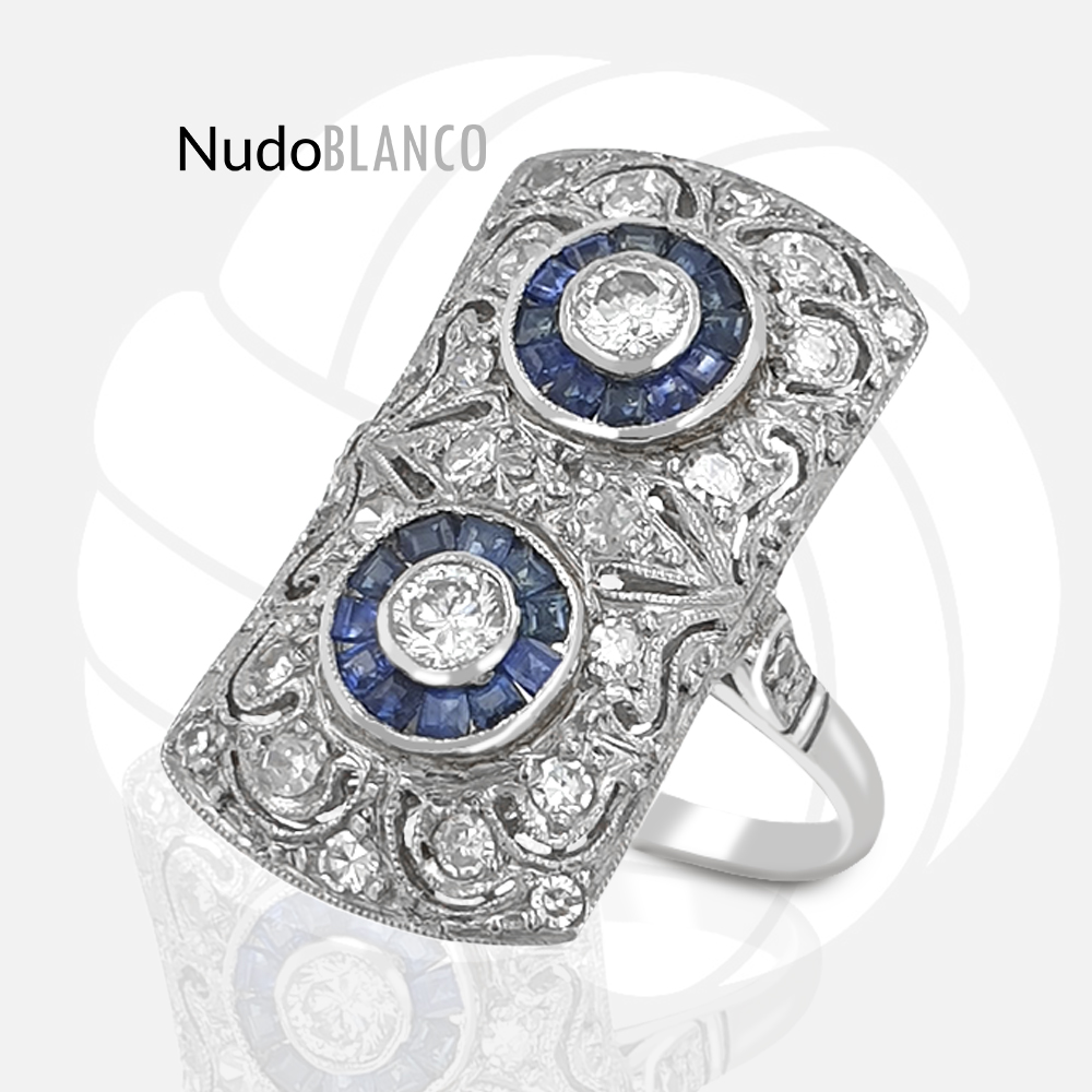 Andmade Toi Et Moi Art Deco Platinum Ring With Diamonds And Sapphires