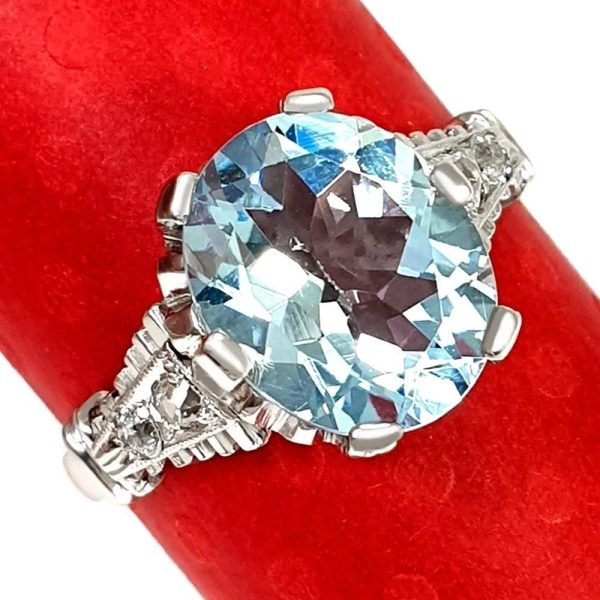 NICE FINE RING BLUE AQUAMARINE STONE 3.6CT 14K WHITE GOLD NATURAL DIAMONDS