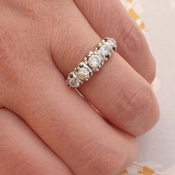 VINTAGE FIVE STONE PLATINUM HANDMADE RING 0.75CT EUROPEAN CUT NATURAL DIAMONDS