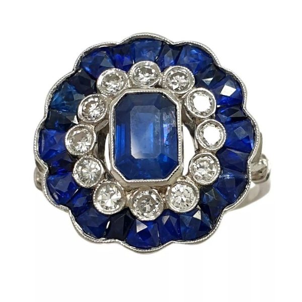 ART DECO PLATINUM RING WITH FRENCH CUT SAPPHIRES AND 0.50ct EUROPEAN DIAMONDS