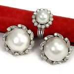 MABE PEARLS SET PLATINUM DIAMONDS RING EARRING OMEGA CLIP SOUTH SEA CULTURED