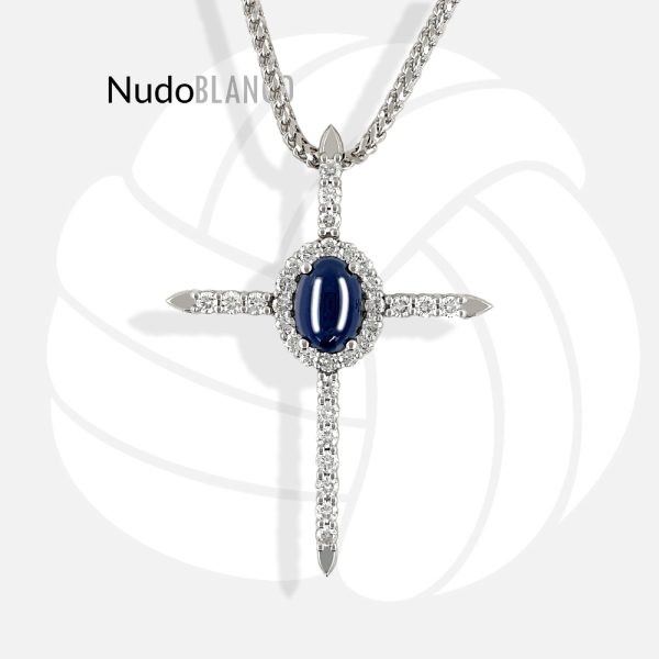 Chain and Cross Ellipses 14k gold with Natural 1.49ct Sapphire and 0.86ct Diamonds