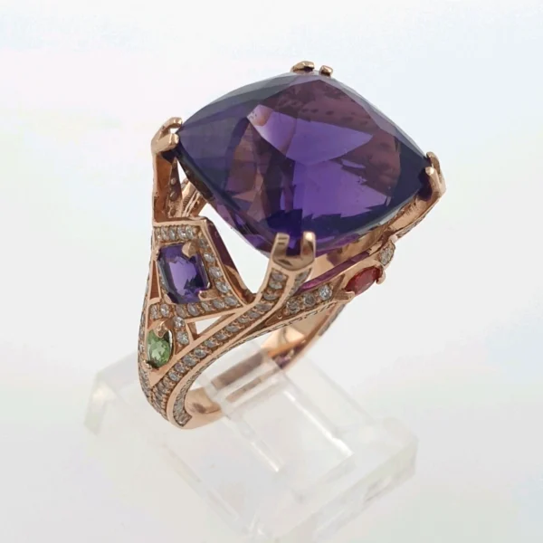 Petunia Cocktail Ring 14k Rose Gold 15ct Amethyst & 1.26ct Natural Diamonds - Image 3