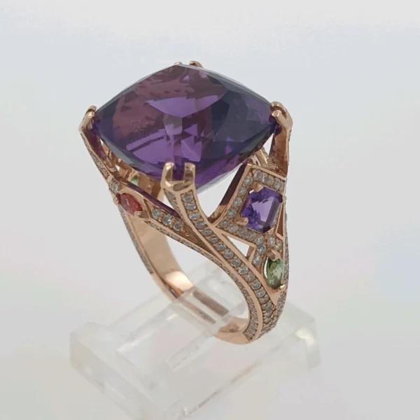 Petunia Cocktail Ring 14k Rose Gold 15ct Amethyst & 1.26ct Natural Diamonds - Image 4