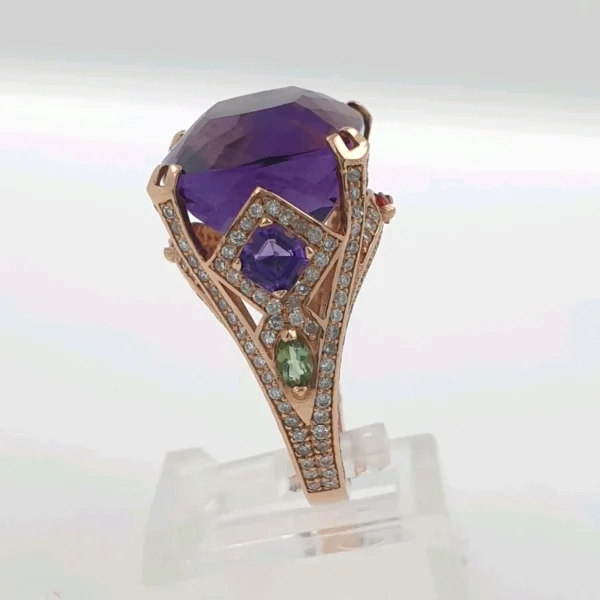 Petunia Cocktail Ring 14k Rose Gold 15ct Amethyst & 1.26ct Natural Diamonds - Image 6