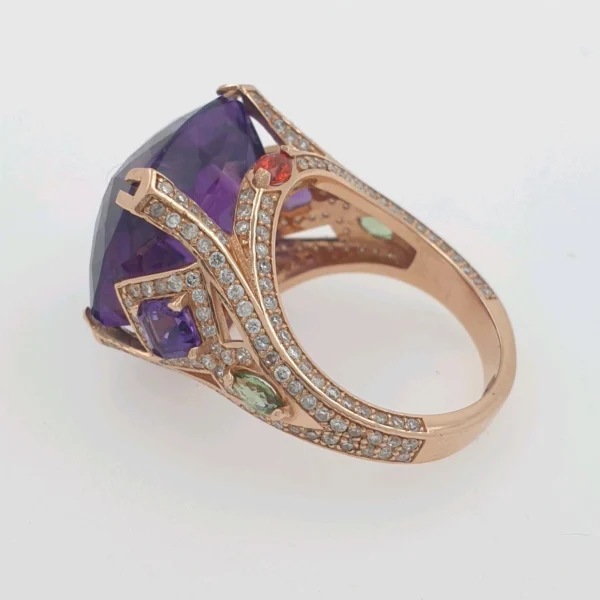 Petunia Cocktail Ring 14k Rose Gold 15ct Amethyst & 1.26ct Natural Diamonds - Image 7