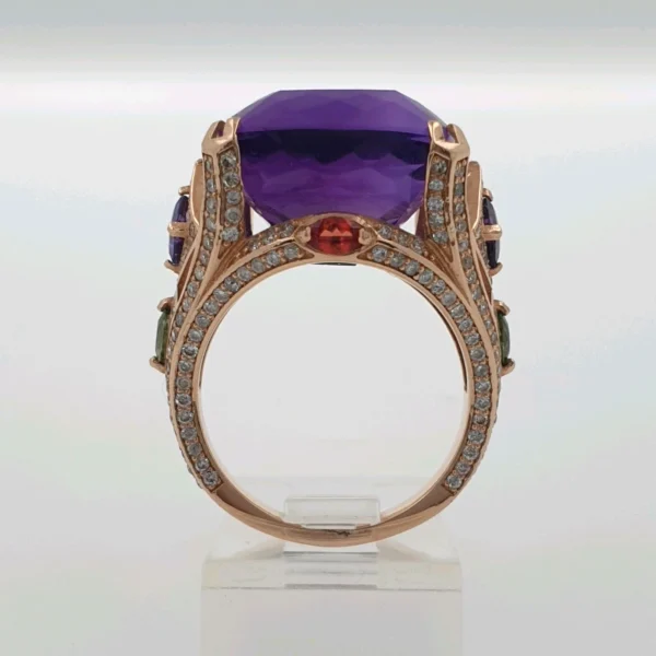 Petunia Cocktail Ring 14k Rose Gold 15ct Amethyst & 1.26ct Natural Diamonds - Image 8