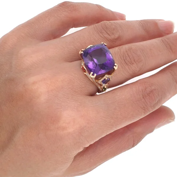 Petunia Cocktail Ring 14k Rose Gold 15ct Amethyst & 1.26ct Natural Diamonds - Image 2