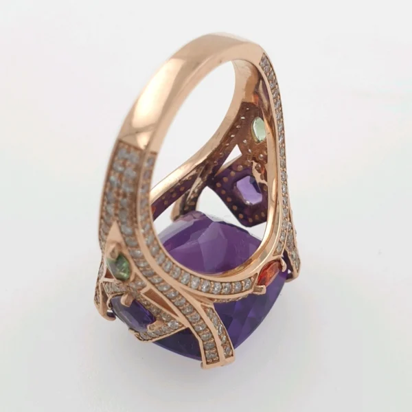 Petunia Cocktail Ring 14k Rose Gold 15ct Amethyst & 1.26ct Natural Diamonds - Image 9