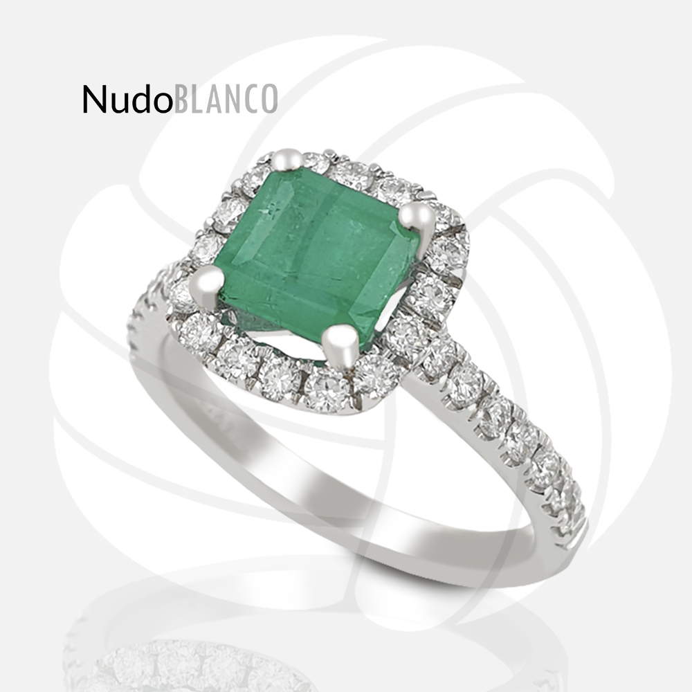 Square Halo Engagement Ring With Natural Emerald and Diamonds