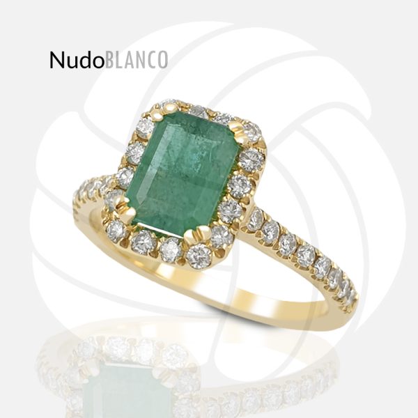 Halo Engagement Ring With Natural Emerald and Diamonds