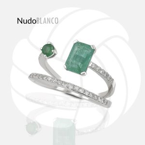 Modern "Semicolon" ring with natural emeralds and diamonds