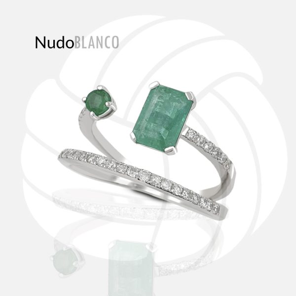 Modern "Semicolon" ring with natural emeralds and diamonds
