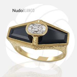 Hand Carved 18k Gold ring with Onyx and 0.52ct Diamond