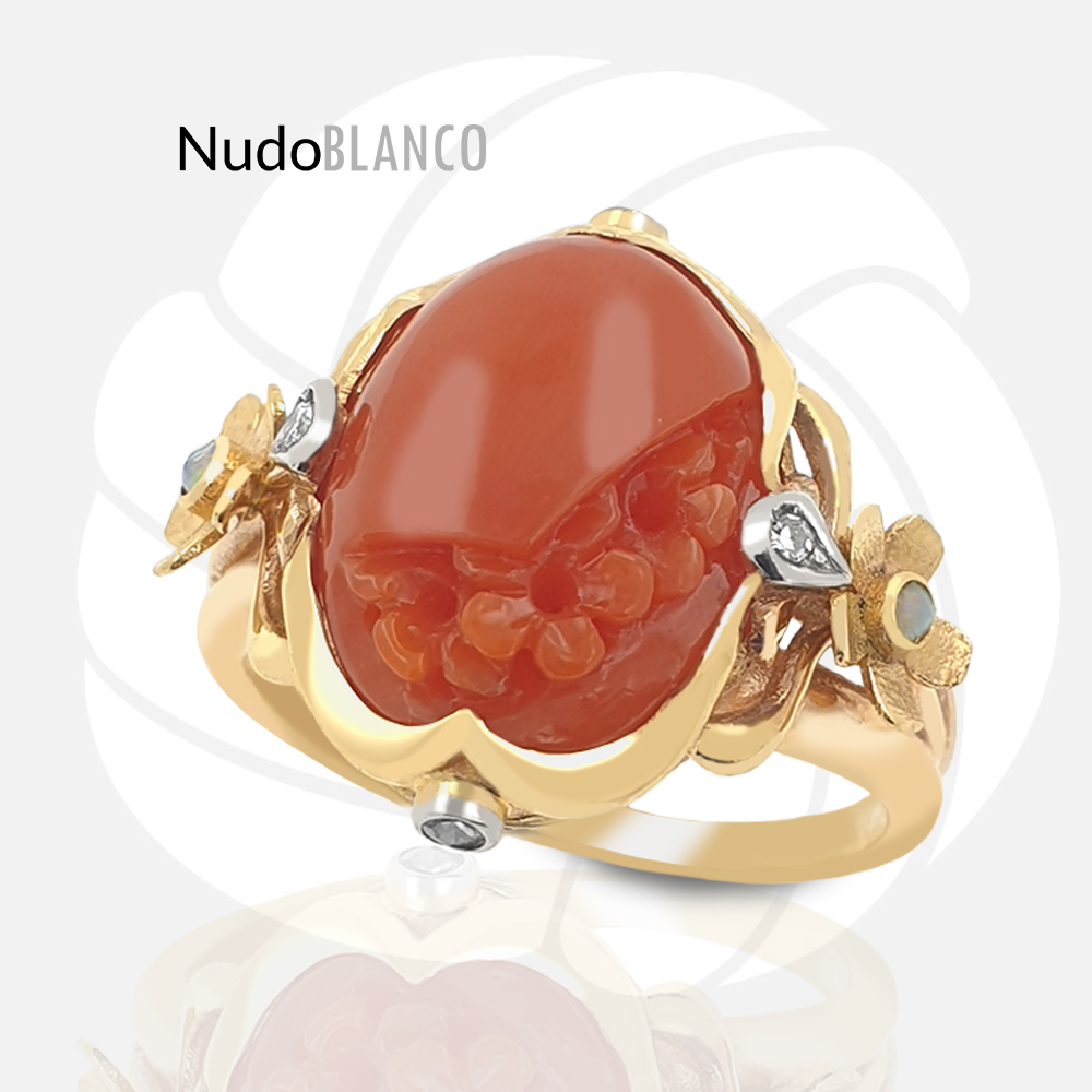 Hand-Carved Coral Floral Ring with Opals and Diamonds
