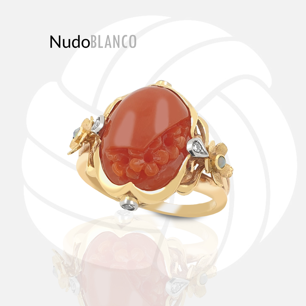 Hand-Carved Coral Floral Ring with Opals and Diamonds