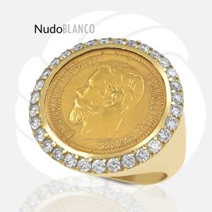 Russia 5 Roubles Nicholas Coin signet Ring with Lab-Grown Diamonds