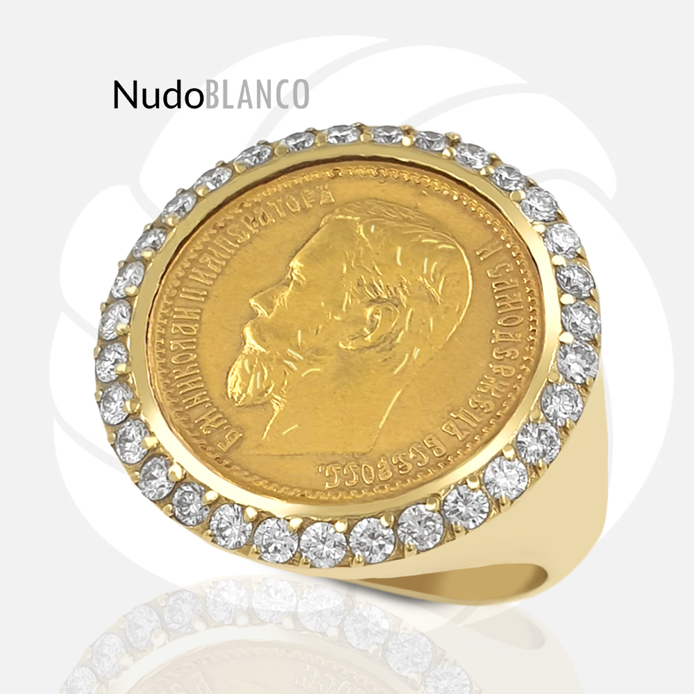 Russia 5 Roubles Nicholas Coin signet Ring with Lab-Grown Diamonds