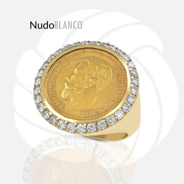 Russia 5 Roubles Nicholas Coin signet Ring with Lab-Grown Diamonds