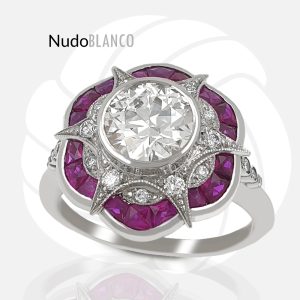 Art deco stile platinum ring with 1.68ct Diamonds and 1.30ct Rubyes