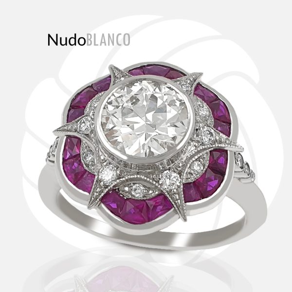 Art deco stile platinum ring with 1.68ct Diamonds and 1.30ct Rubyes