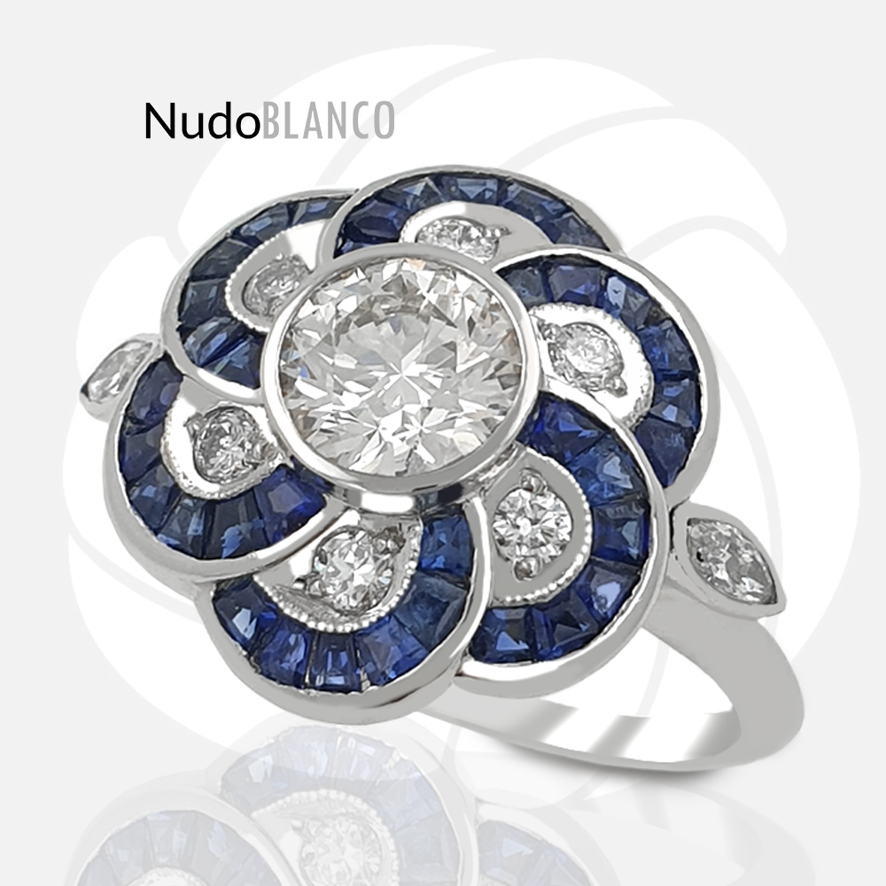 Art deco stile platinum ring with 1.46ct Diamonds and 1.30ct Sapphires