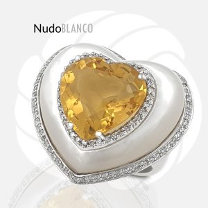 18K White Gold Halo Diamond Heart Citrine Mother of Pearl Cocktail Ring