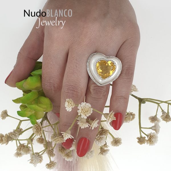 18K White Gold Halo Diamond Heart Citrine Mother of Pearl Cocktail Ring - Image 2