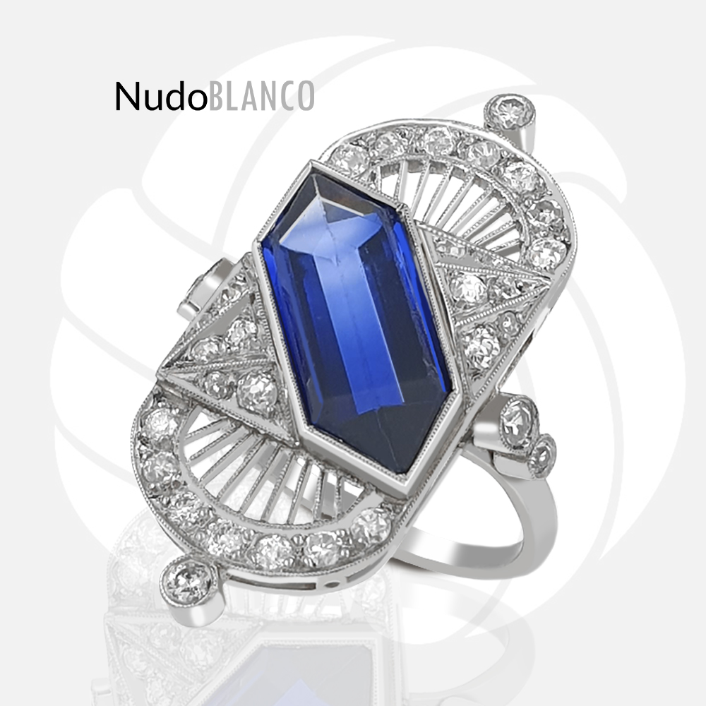 Vintage Art Deco Ring Of Platinum With Natural Diamonds And Labcreated Sapphire