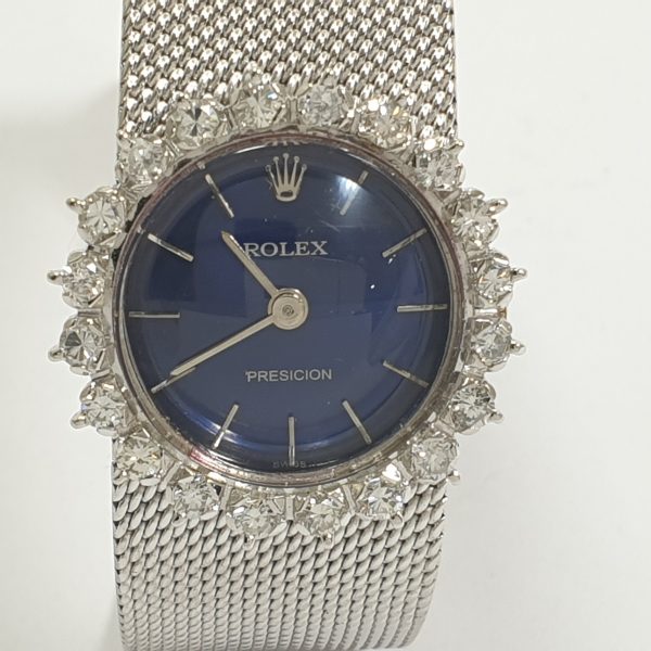 18K White Gold Vintage Lady Rolex Precision With Natural Diamonds Blue Dial - Image 3