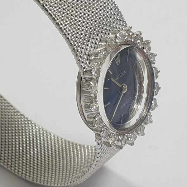 18K White Gold Vintage Lady Rolex Precision With Natural Diamonds Blue Dial - Image 4