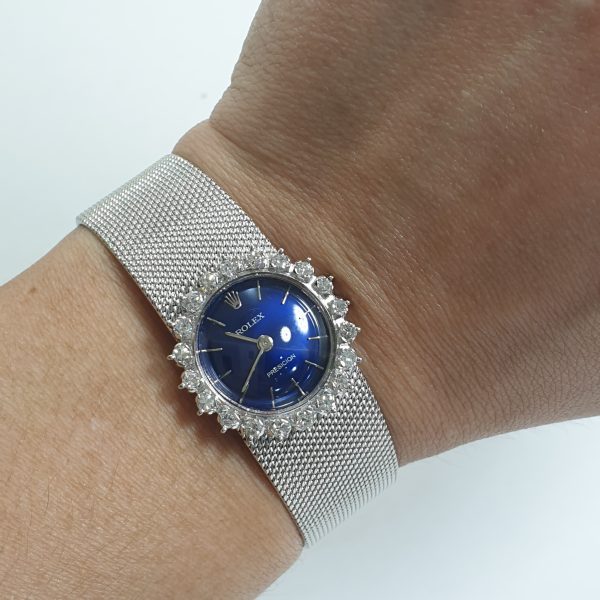 18K White Gold Vintage Lady Rolex Precision With Natural Diamonds Blue Dial - Image 2