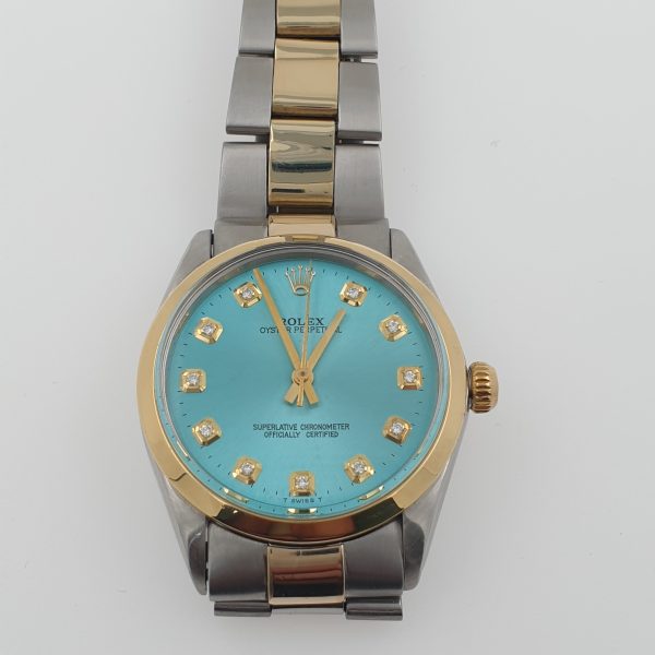 Rolex Oyster Perpetual 34mm 1002 Automatic Watch Two Tone Ice Blue Diamonds Dial - Image 4