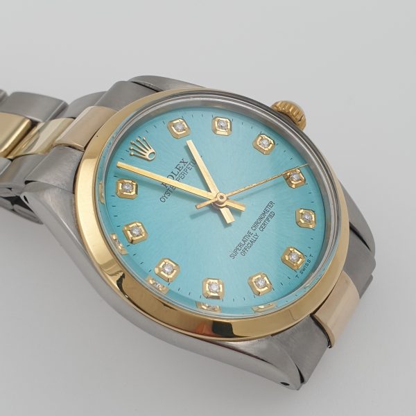 Rolex Oyster Perpetual 34mm 1002 Automatic Watch Two Tone Ice Blue Diamonds Dial - Image 2