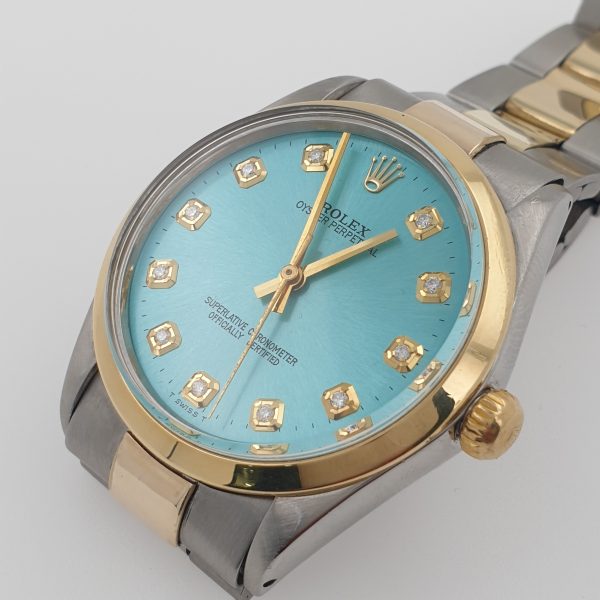 Rolex Oyster Perpetual 34mm 1002 Automatic Watch Two Tone Ice Blue Diamonds Dial - Image 3