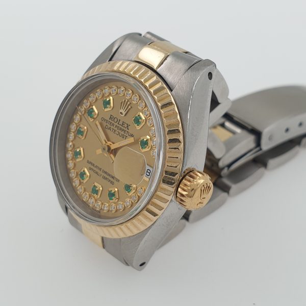 Lady Rolex 26mm Fluted Bezel Two Tone Diamonds Emeralds Dial Oyster Perpetual - Image 7