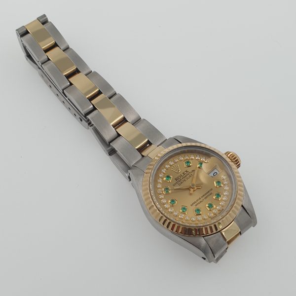 Lady Rolex 26mm Fluted Bezel Two Tone Diamonds Emeralds Dial Oyster Perpetual - Image 6