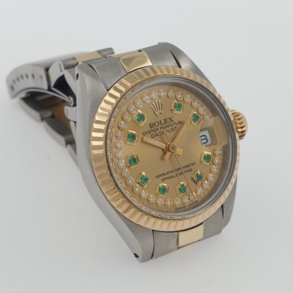 Lady Rolex 26mm Fluted Bezel Two Tone Diamonds Emeralds Dial Oyster Perpetual - Image 2