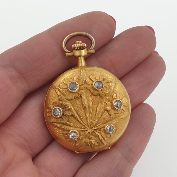 Antique Art Nouveau Lady Pocket Watch With Diamonds Solid Gold 18k C1910 - Image 2