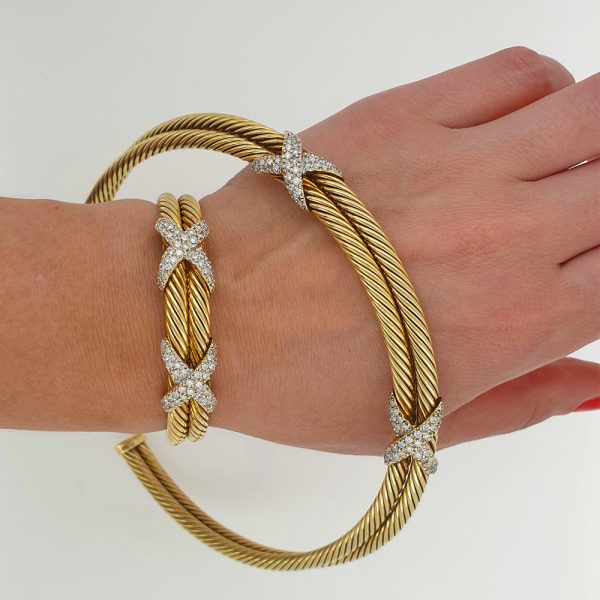 David Yurman Set 14K Gold and Diamond X Collection Cable Bracelet and Necklace - Image 4