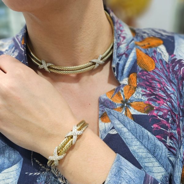 David Yurman Set 14K Gold and Diamond X Collection Cable Bracelet and Necklace - Image 2