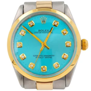 Rolex Oyster Perpetual 34mm 1002 Automatic Two Tone Blue Diamonds Dial Watch