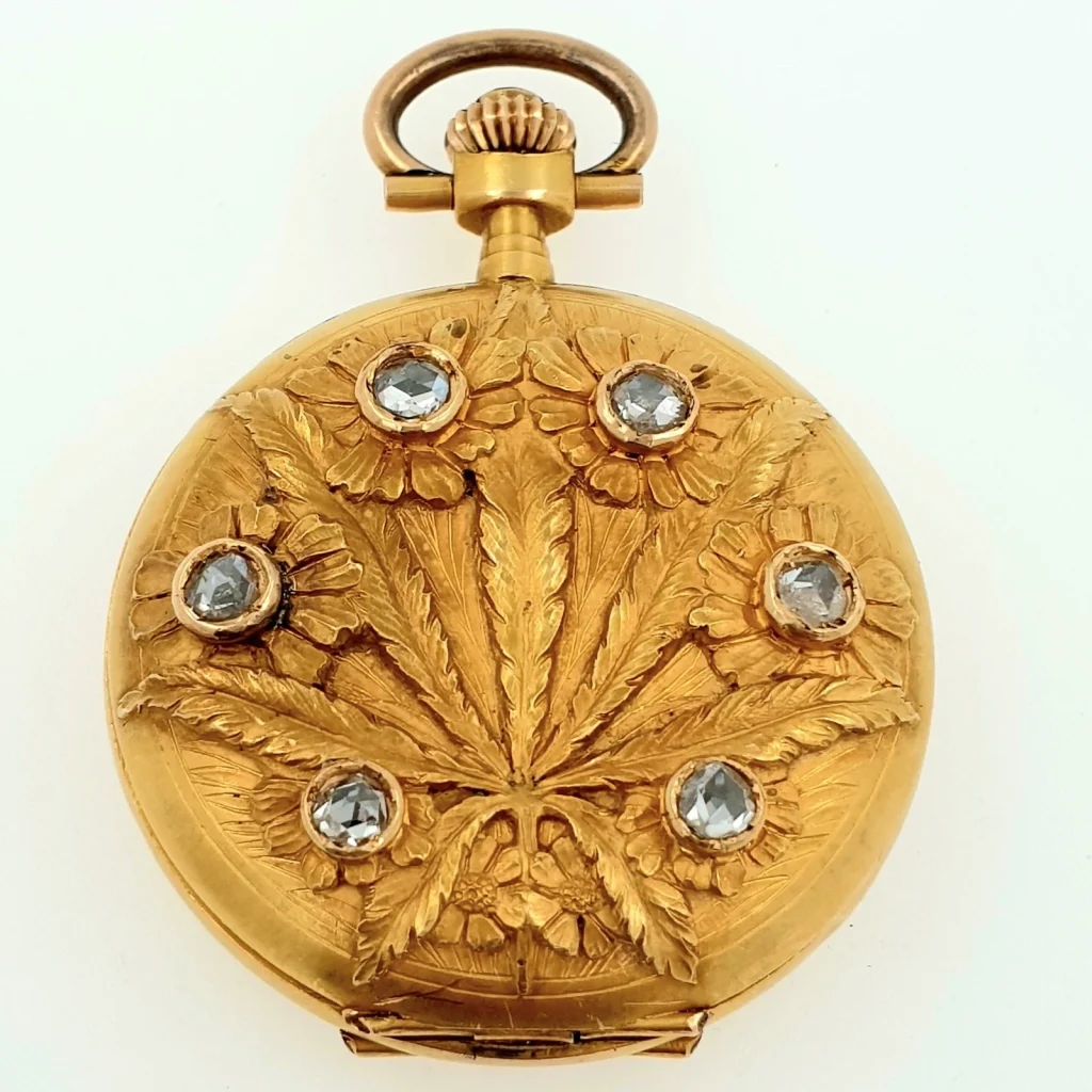Antique Art Nouveau Lady Pocket Watch With Diamonds Solid Gold 18k C1910