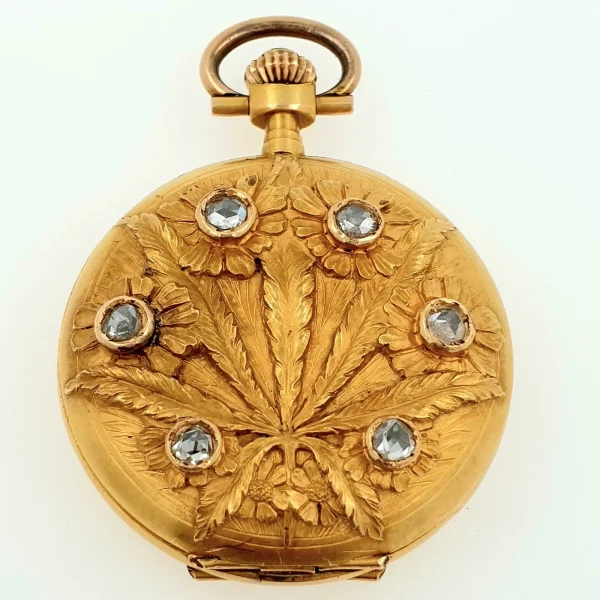 Antique Art Nouveau Lady Pocket Watch With Diamonds Solid Gold 18k C1910