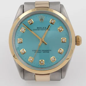 Rolex Oyster Perpetual 34mm 1002 Automatic Watch Two Tone Ice Blue Diamonds Dial